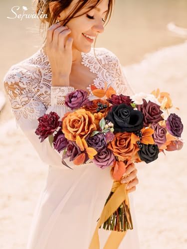 Serwalin Orange Purple Artificial Fall Flowers Combo, Fake Silk Flowers - Image 3