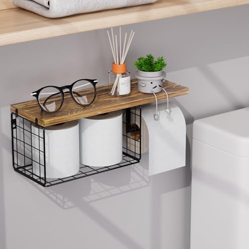 VITVITI Toilet Paper Holder with Shelf, Wall Mounted Storage Basket, Brown - Image 4