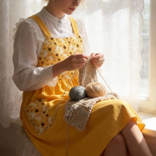 Cotton Linen Apron Cross Back Apron for Women with Pockets Pinafore Dress - Image 6