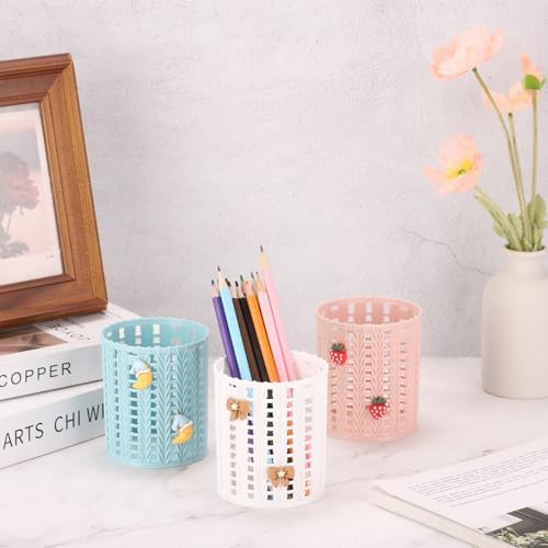 PATIKIL Pencil Holder, 2 Pack Plastic Pen Holder for Desk Cute Pencil Holders Strawberry Cup Organizer Mesh Makeup Brush Holder Stationery Storage, Pink - Image 4