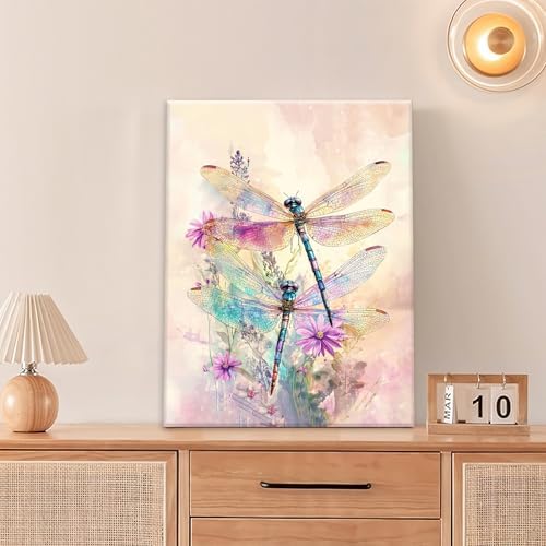 Dragonfly Bathroom Pictures Wall Art, Floral Bathroom Wall Decor, Framed Painting Canvas Artwork for Bedroom Living Room Decorations 20" L x 16" W - Image 2