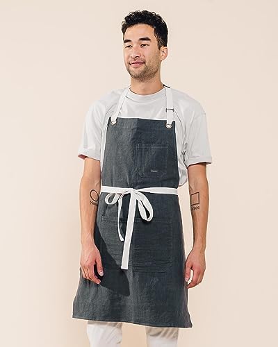 Caldo Linen Kitchen Apron for Cooking- Mens and Womens Linen Bib Apron for Professional Chef, Server, or Barista - Adjustable with Pockets (Slate) - Image 4