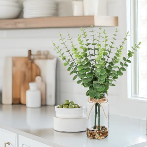 Hollyone Artificial Eucalyptus Stems in Glass Vase with Faux Water and Stones, 15.7" Fake Plants Eucalyptus Leaves Branch for Indoor Shelf Desk Home Bathroom Wedding Table Centerpiece Decor - Image 4