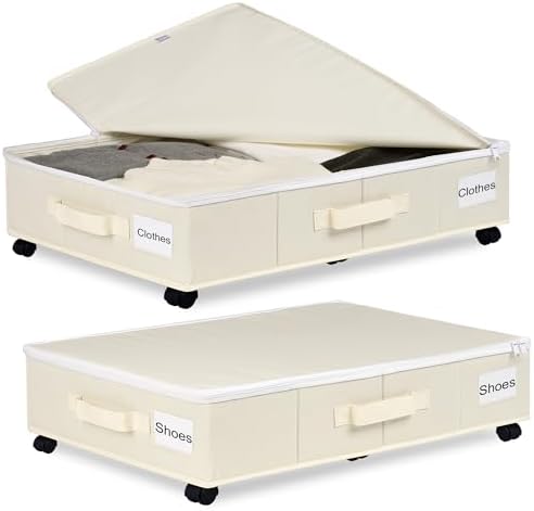 Vincona Under Bed Storage with Wheels, 2 Pack Under Bed Storage Containers with Label Holders for Clothes, Shoes and Blankets, Rolling Underbed Shoe Organizer with Cover, Beige (30.71x15.7x7.28 in) by Vincona