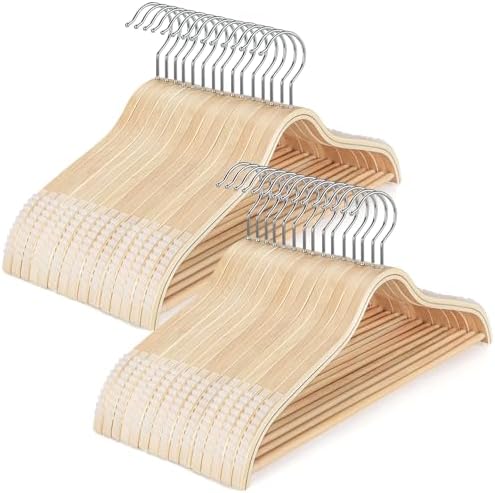 TOPIA HANGER Sleek Wooden Hangers with Non-Slip Rubber Grips, Sweater Hangers No Shoulder Bump, Lightweight Clothes Hangers 30-Pack, 360° Swivel Hook and Pants Bar-CT63N30 by TOPIAHANGER