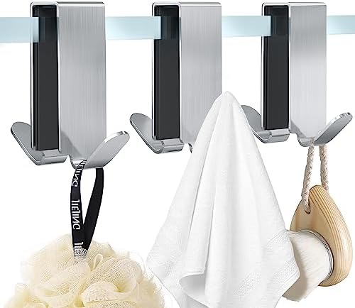Shower Door Hooks, Shower Hooks for Towels, Heavy Duty Drilling-Free Double Sided Towel Hooks for Bathroom Frameless Glass Door, Over the Door Towel Hooks, 3 Packs by FUMAX