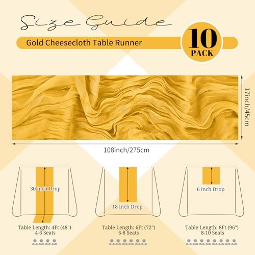 10 Pack Gold Cheesecloth Table Runner 17x108 Inch Boho Gauze Cheese Cloth Table Runners for Wedding Party Baby Shower Birthday Home Decor - Image 2