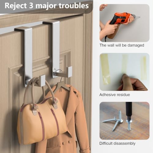 HUFEEOH Over Door Hooks, Stainless Steel Door Hanger with Non-Slip Pads, Easy Install Towel Coat Storage Fits 1-3/4" Thick Door (Silver, Fits 1-3/4" Thick Door -L Shape - 2 Pack) - Image 5