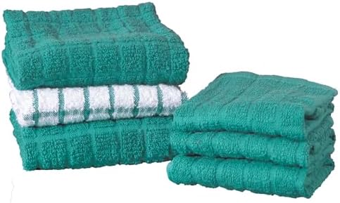 Ritz Premium Kitchen Towel and Dish Cloth Value Set: Highly Absorbent, Super Soft, Long-Lasting, 100% Cotton Checked and Solid Hand Towels, Tea Towels, Bar Towels - 6 Pack, Teal by RITZ