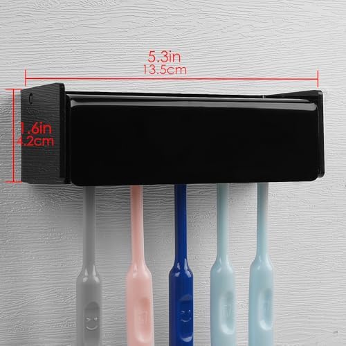 5 Slots Wall Mount Toothbrush Holder with Cover, Self Adhesive Toothbrush Storage Organizer for Shower, Toothbrush Hanger for Bathroom, Medicine Cabinet, Dorm (Black) - Image 2