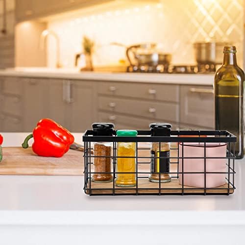 TIEYIPIN Farmhouse Small Metal Wire Storage Basket Bin, Rustic Home Storage Organizer with Wooden Bottom for Kitchen, Cabinets, Bathroom Counter, Pantry, Garage, Laundry Room - Black - Image 2