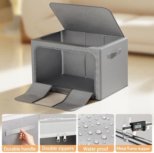 Clothes Storage Bins with Metal Frame, Foldable Clothes Organizers Storage Containers for Clothes, Sheets, Blankets, Pillows and Towels (100L, 3 Pack, Deep Grey) - Image 7