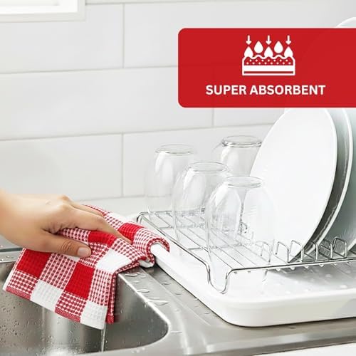 Waffle Weave Plaid Dish Cloth, DishTowel 15x25"Set of 6 - Red & White - Image 2