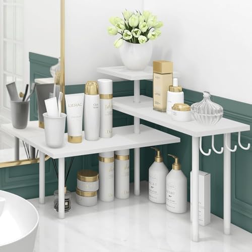 Homode Kitchen Countertop Organizer Corner Shelf, Bathroom Counter Organizers and Storage, 3 Tier Wood Shelf Organizer Space Saver for Make Up, Dresser Table, Desktop, White by Homode