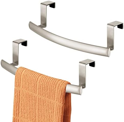 mDesign Steel Over Door Curved Towel Bar Storage, Hanger for Cabinet or Cupboard, Holder Rack for Kitchen, Bathroom - Holds Hand/Dish Towels, Washcloths - Spira Collection - 2 Pack - Satin by mDesign