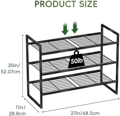 Metal Shoe Rack Organizer for Closet and Entryway, 3 Tier 27" Wide Free Standing Wire Grid Shoe Shelf, Black - Image 2