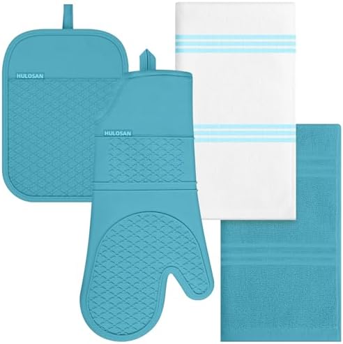 Oven Mitt and Pot Holders Sets, Quilted Cotton Terry Cloth,Non-Slip Pot Holder, Silicone Oven Mitt Heat Resistant, Oven Mittens 7.3"x14.2", Hot Pad 7"x10" & Dish Cloths 13"x25" by HULOSAN