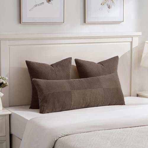 Fancy Homi 2 Packs Dark Brown Decorative Throw Pillow Covers 20x20 Inch for Living Room Couch Bed Sofa, Rustic Farmhouse Boho Home Decor, Soft Corss Corduroy Patchwork Accent Cushion Case 50x50 cm - Image 5
