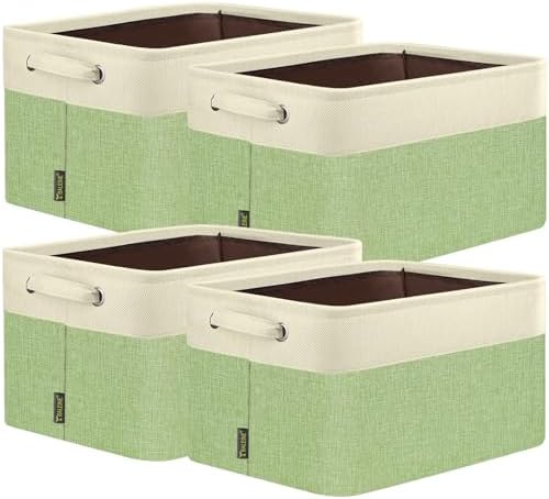 BALEINE 4 Pack Fabric Closet Storage Bins for Shelves, Linen Closet Organizers and Storage, Decorative Baskets for Organizing, Shelf, Clothes, Home, Office (Green, 15''x11''x9.5'') by BALEINE
