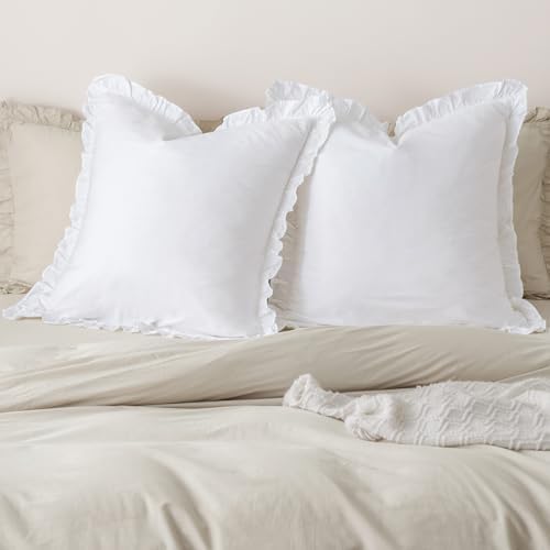 PHF Washed Cotton Euro Shams with Ruffle 26"x26", White, 2 Pack, No Insert by PHF