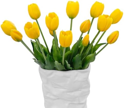 15 Pcs Yellow Artificial Tulips Fake Flowers, Premium Latex Lifelike Texture, UV Resistant Waterproof Faux Tulip Bouquets with Snap-on Petals for Outdoor, Home, Wedding Decor by LINSIEARTIFICIALFLOWERS