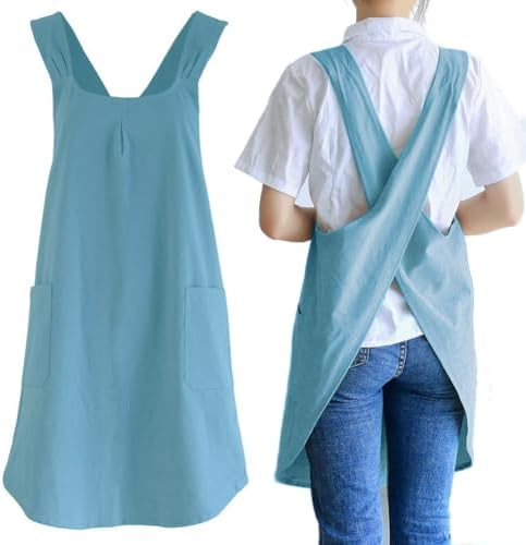NEWGEM Japanese Cotton Linen Cross Back Cooking Apron for Women Men with Pockets Cute for Baking Kitchen by NEWGEM