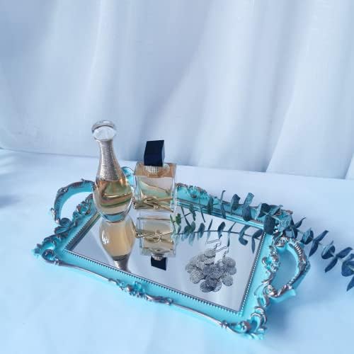 Small Rectangle Decorative Mirror Tray, French Style, Makeup Organizer, Jewelry Organizer, Serving Tray, 13"x 7.8", Golden Blue - Image 3