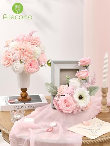 Alecono Light Pink Artificial Flowers, Silk Fake Roses Floral Set - Image 4