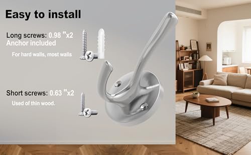 TOFIIGREM Brushed Nickel Wall Hooks, 4 Pack Heavy Duty Coat Towel Hook Metal Double Hook Wall Mounted Hanging, Bath Towel Hooks for Entryway Cubicle Bathroom Closet Garage - Image 5