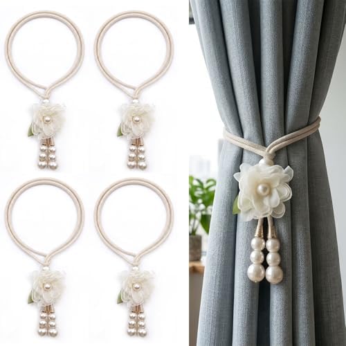 Adjustable Curtain Tiebacks， 4pcs(2pair) Hand-Woven Rope with Silk Flower & Pearl， Decorative Window Cord Holders for Drapery， Long Loop Design for All Curtain Thickness (Ivory White) by TAMHOO