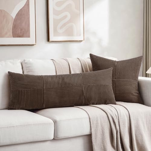 Fancy Homi 2 Packs Dark Brown Decorative Throw Pillow Covers 20x20 Inch for Living Room Couch Bed Sofa, Rustic Farmhouse Boho Home Decor, Soft Corss Corduroy Patchwork Accent Cushion Case 50x50 cm - Image 6