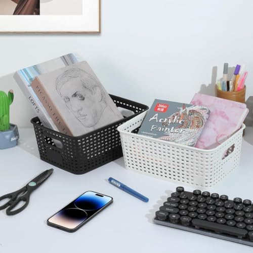 Plastic Storage Baskets 6 Pack Sturdy Storage Organizer Basket Woven Plastic Storage Bins for Shelves,Closet,Countertops, Desktops, Cabinets and Badrooms,Saving Storage, Stylish Design,White - Image 2