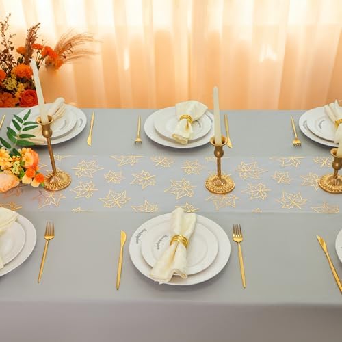 Snowkingdom 2 Pcs Gold Table Runner, Gold Maple Leaves Fall Thanksgiving Table Decorations for Autumn Harvest Sequin Glitter Lightweight White Thin Mesh Sparkle Farmhouse Dining Party Decor 108 Inch - Image 2