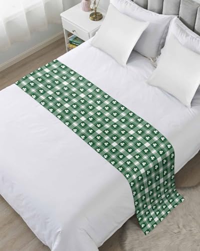 St Patrick's White Lucky Leaves Bed Runners for Bedroom Hotel,Decorative Bedding Scarf Green Twill Buffalo Plaid Bed End Blanket Bedding Runner Scarves for Twin Size Bed,71x20in by ZFUNCING