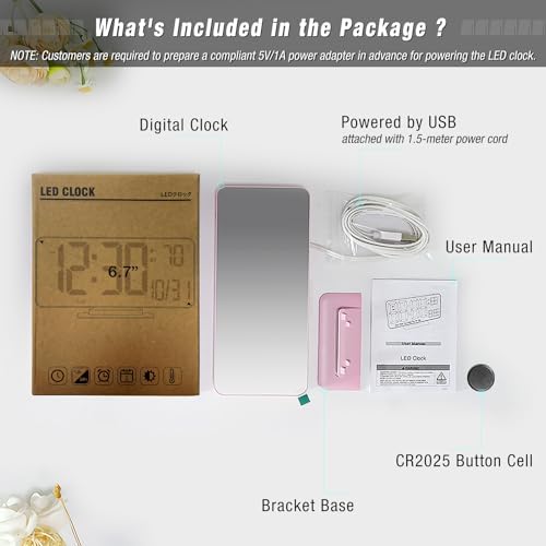 KOSUMOSU Pink Digital Clock 6.7in Desk Clock with Dual Alarm Clock, Dimming, 12/24h, Date, Day of Week, Temp, Digital LED Clock, Alarm Clock for Table, Digital Calendar Table Clocks for Bedrooms - Image 3
