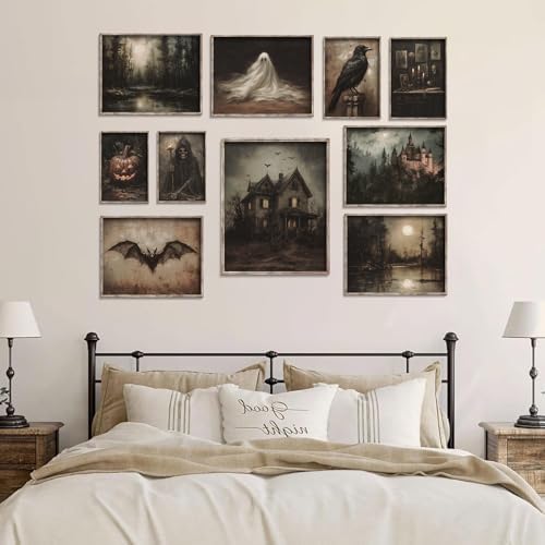 Vodefoad 10Pcs Halloween Wall Art Prints Dark and Moody Halloween Print Set Mysterious Raven Gallery Wall Decor Skeletons Picture Decorations for Gallery Living Room Bedroom Kitchen Office Unframed - Image 6