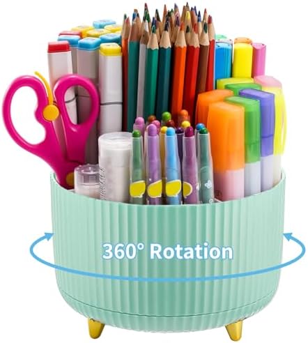 Marbrasse Desk Organizer, 360-Degree Rotating Pen Holder, Desk Organizers and Accessories with 5 Compartments Pencil Holder, Art Supply Storage Box Caddy for Office, Home (Mint Green) by Marbrasse