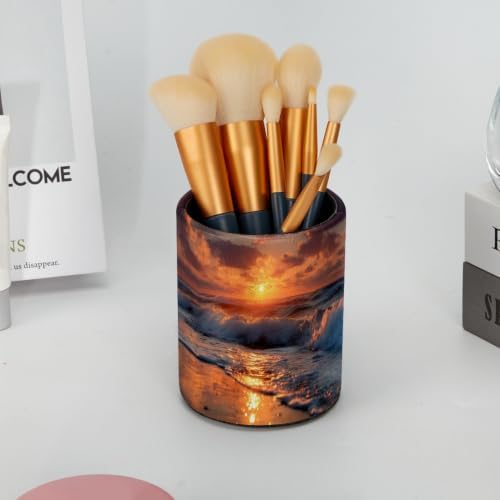 Leather Pen Holder for Desk, Coastal Sunset Pencil Cup Pen Organizer Makeup Brush Holder for Office Home Kids Countertop Desk Accessory Storage - Image 6