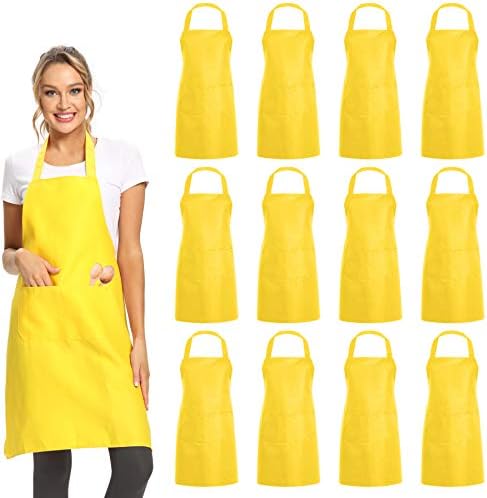 DUSKCOVE 12 Pack Plain Bib Aprons with 2 Pockets - Yellow Unisex Commercial Apron Bulk for Kitchen Cooking Restaurant BBQ Painting Crafting by DUSKCOVE