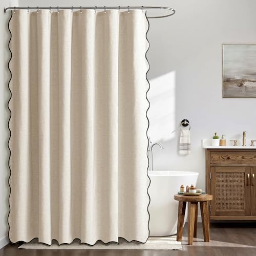MIULEE Cream Beige Extra Long Scalloped Linen Shower Curtain 72x80 Inches - Image 2