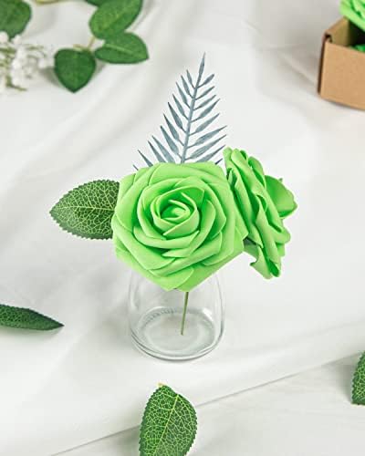 DuHouse 25Pcs Artificial Flowers Foam Roses with Stems(Light Green) - Image 6