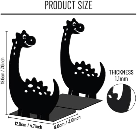 WADORN Cartoon Dinosaur Metal Bookends for Shelves Decorative 1 Pair, Heavy Duty Books End Support Non-Skid Book Holder Black L-Shaped Book Stopper for Home Office Desk Book Divider, 4.7x3.5x7 Inch - Image 3