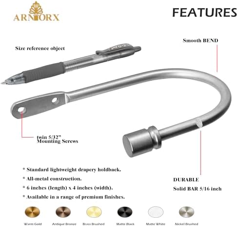 Arnorx Decorative Curtain Holdbacks, Wall Mounted Tiebacks, Metal Drapery Hooks, 2 PCS, Matte Brushed Nickel - Image 3