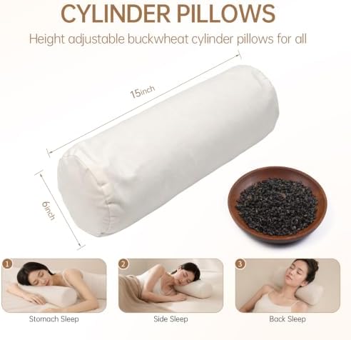 Small Neck Roll Buckwheat Pillow with Breathable Zipper Cotton Case - Image 2