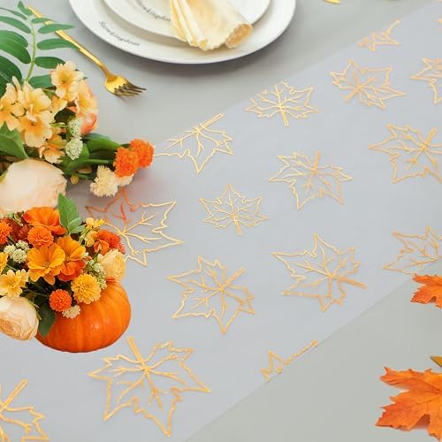 Snowkingdom 2 Pcs Gold Table Runner, Gold Maple Leaves Fall Thanksgiving Table Decorations for Autumn Harvest Sequin Glitter Lightweight White Thin Mesh Sparkle Farmhouse Dining Party Decor 108 Inch - Image 6