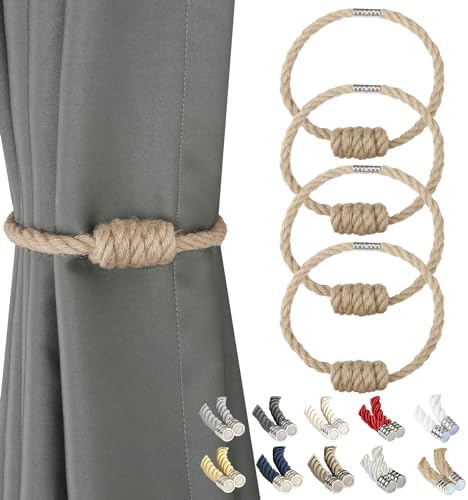 BEL AVENIR Magnetic Jute Curtain Tiebacks 4 Pack Hand-Woven Curtain Ties by BELAVENIR