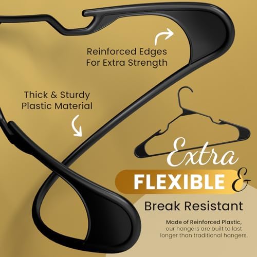 Our Modern Space 100 Pack Adult Plastic Hanger for Shirt Pants Coats Dresses Skirts Suits Jackets - Standard Thick Coat Hanger - Sturdy & Durable Design with Shoulder Grooves Hook - Black - Image 3