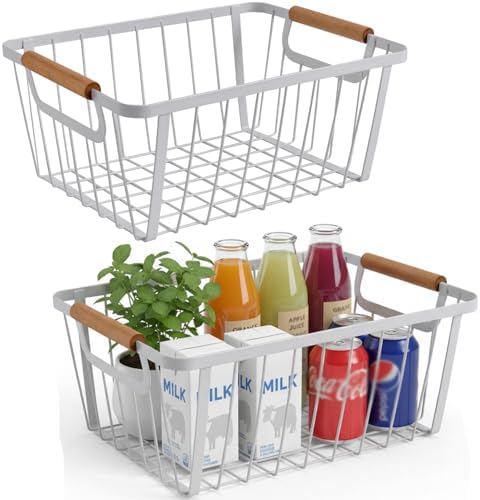 LeleCAT White wire baskets for organizing with Wooden Handle ,Metal Wire Storage Baskets Country Vintage Style Snack Baskets. pantry organizers and storage，Kitchen,Bedroom,Bathroom,White,Set of 2 by HomeSpaceStorageBasket