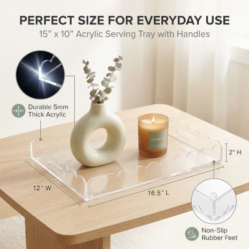 Clear Acrylic Serving Tray with Handles, 17 x 12 Inch Scalloped Decorative Tray for Coffee Table & Ottoman, Perfume & Cosmetics Organizer for Bathroom Vanity & Kitchen, Ideal for Drink & Snack - Image 2