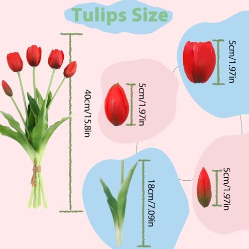 15 Pcs Red Artificial Tulips Fake Flowers, Premium Latex Lifelike Texture, UV Resistant Waterproof Faux Tulip Bouquets with Snap-on Petals for Outdoor, Home, Wedding Decor - Image 2